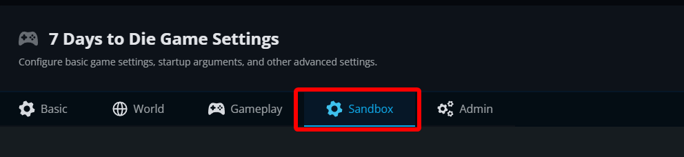 The Sandbox tab selected within the Nodecraft 7 Days to Die Game Settings page, where server owners can configure sandbox difficulty presets and custom sandbox codes.
