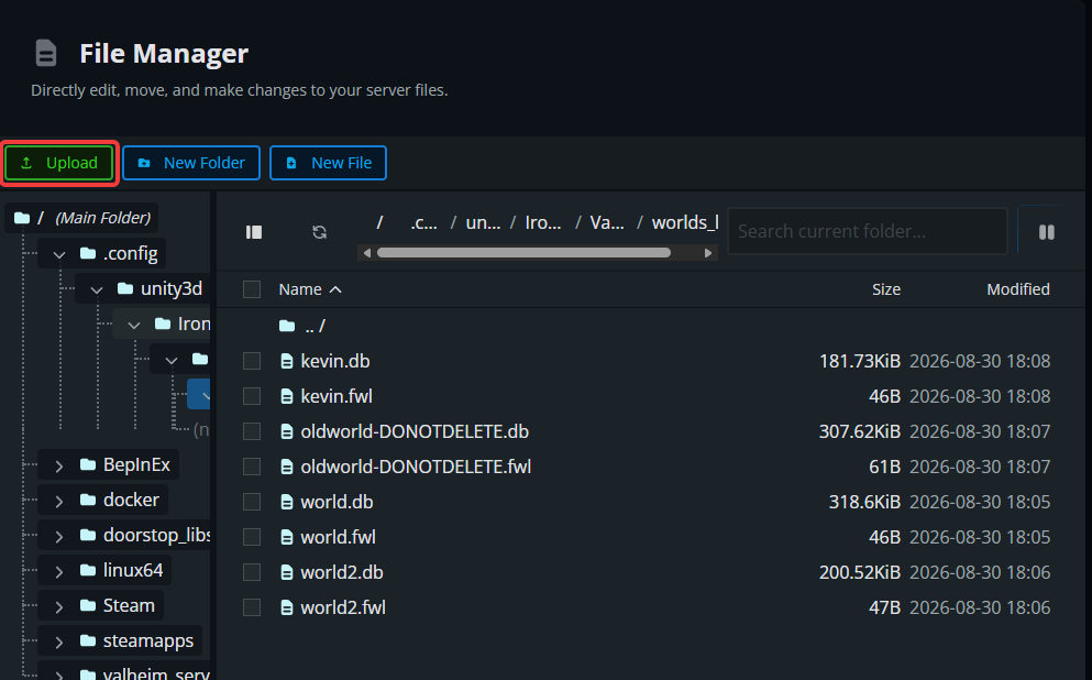 The Nodecraft File Manager open to the Valheim worlds_local folder, with the Upload button highlighted above the list of saved world files.