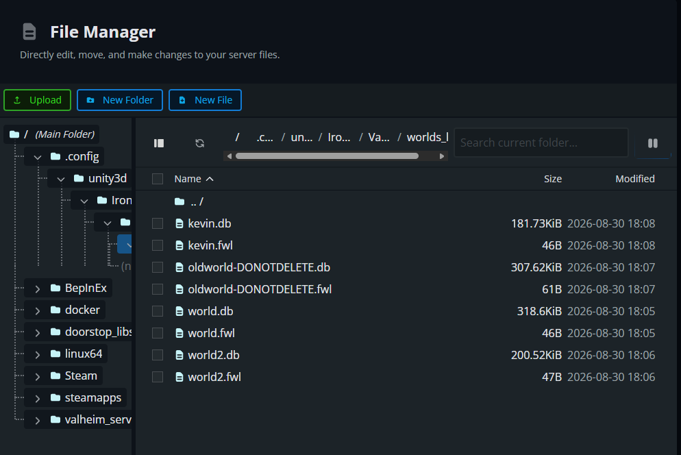 The Nodecraft File Manager showing multiple saved Valheim world file pairs in the worlds_local folder, including kevin, oldworld-DONOTDELETE, world, and world2.