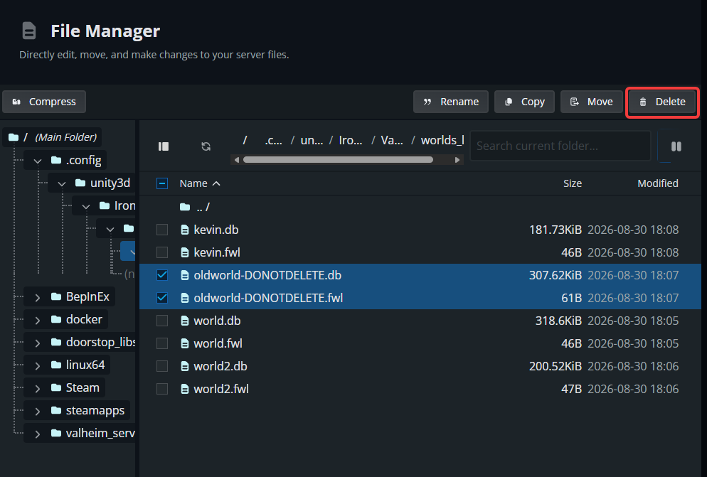 The Nodecraft File Manager showing the matching oldworld-DONOTDELETE.db and oldworld-DONOTDELETE.fwl Valheim world files selected, with the Delete button highlighted.