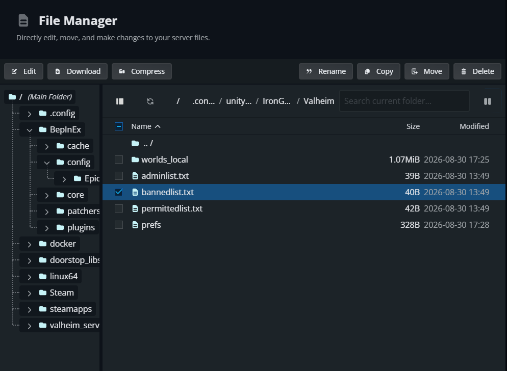 The Nodecraft File Manager showing the Valheim server directory with bannedlist.txt selected alongside adminlist.txt, permittedlist.txt, and the worlds_local folder.