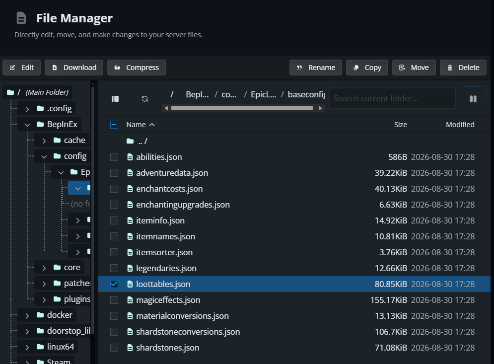 The Nodecraft File Manager showing the Epic Loot baseconfig folder, with loottables.json selected among other Epic Loot configuration files.