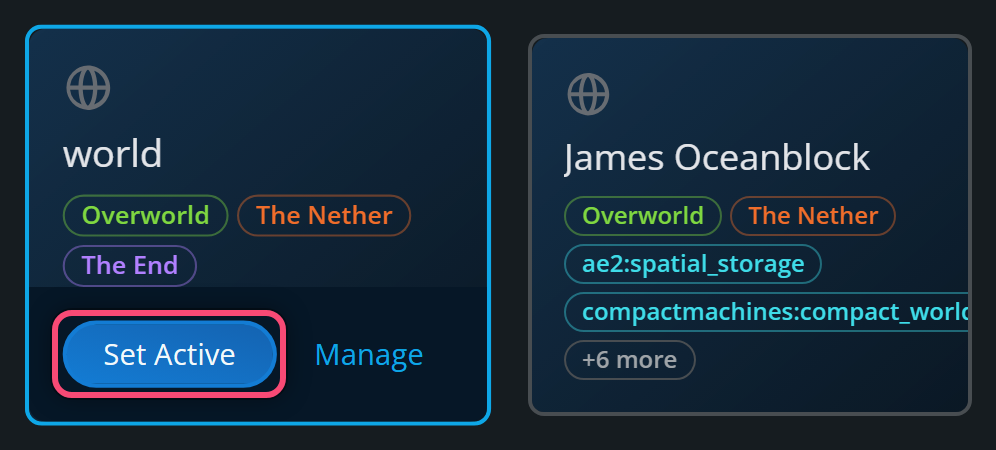 A world card with its Set Active and Manage buttons showing, and Set Active outlined in red.