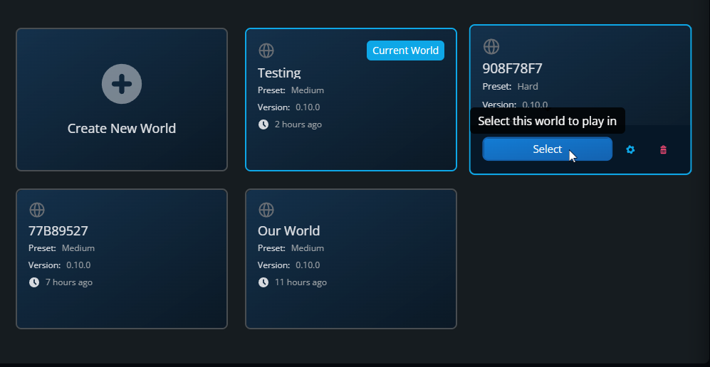 Nodecraft Windrose world manager showing multiple saved worlds and a selected world ready to launch.