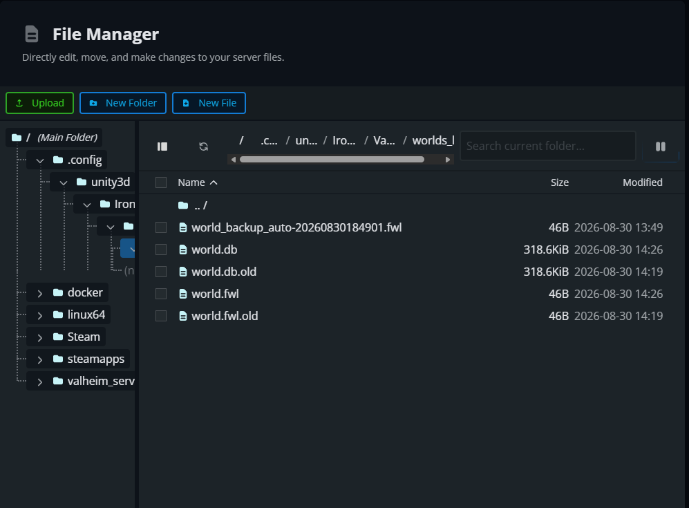Dark file manager UI with a left folder tree and right file list; includes Upload (green), New Folder and New File (blue); shows files like world.db