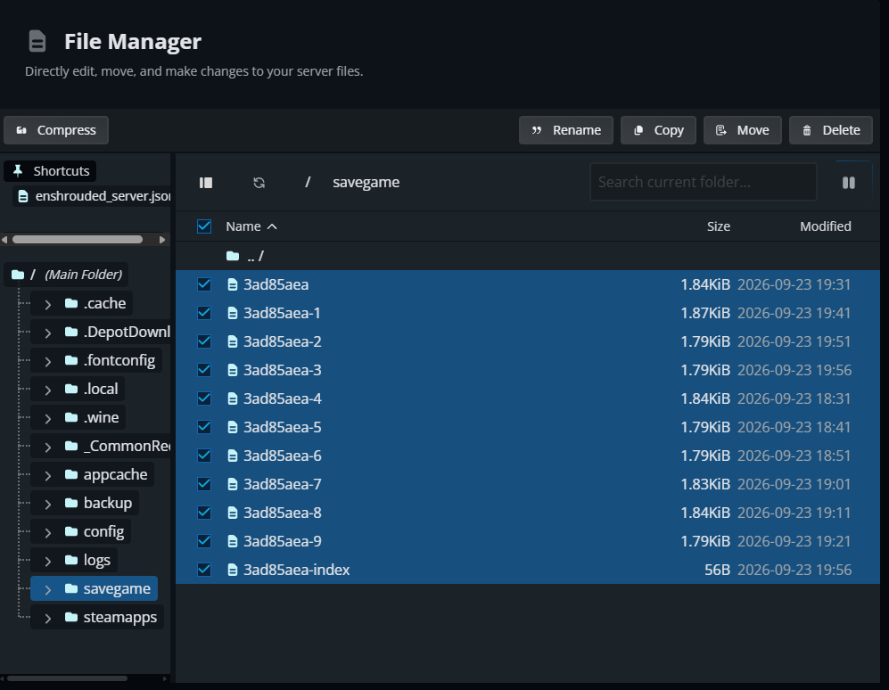 Enshrouded savegame folder showing multiple world save files selected in the File Manager, including the world index file.